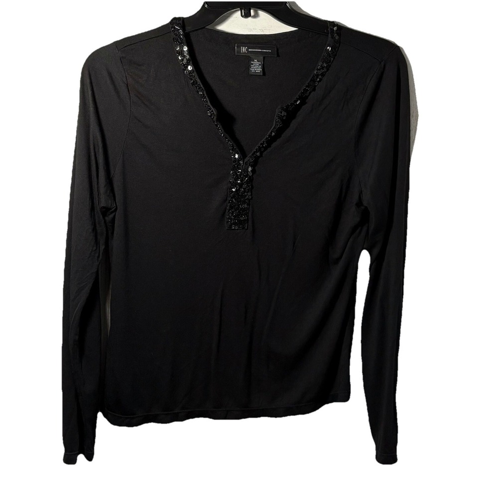 inc international concepts XL top black v neck sequin accents LS pullover